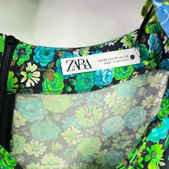 Zara Floral Midi Dress Stretch Asymmetrical Blue Green Print Blogger Fave  SizeXS